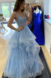 Blue Lace Princess Long Prom Dress, Tulle Tiered Sweet 16 Dress